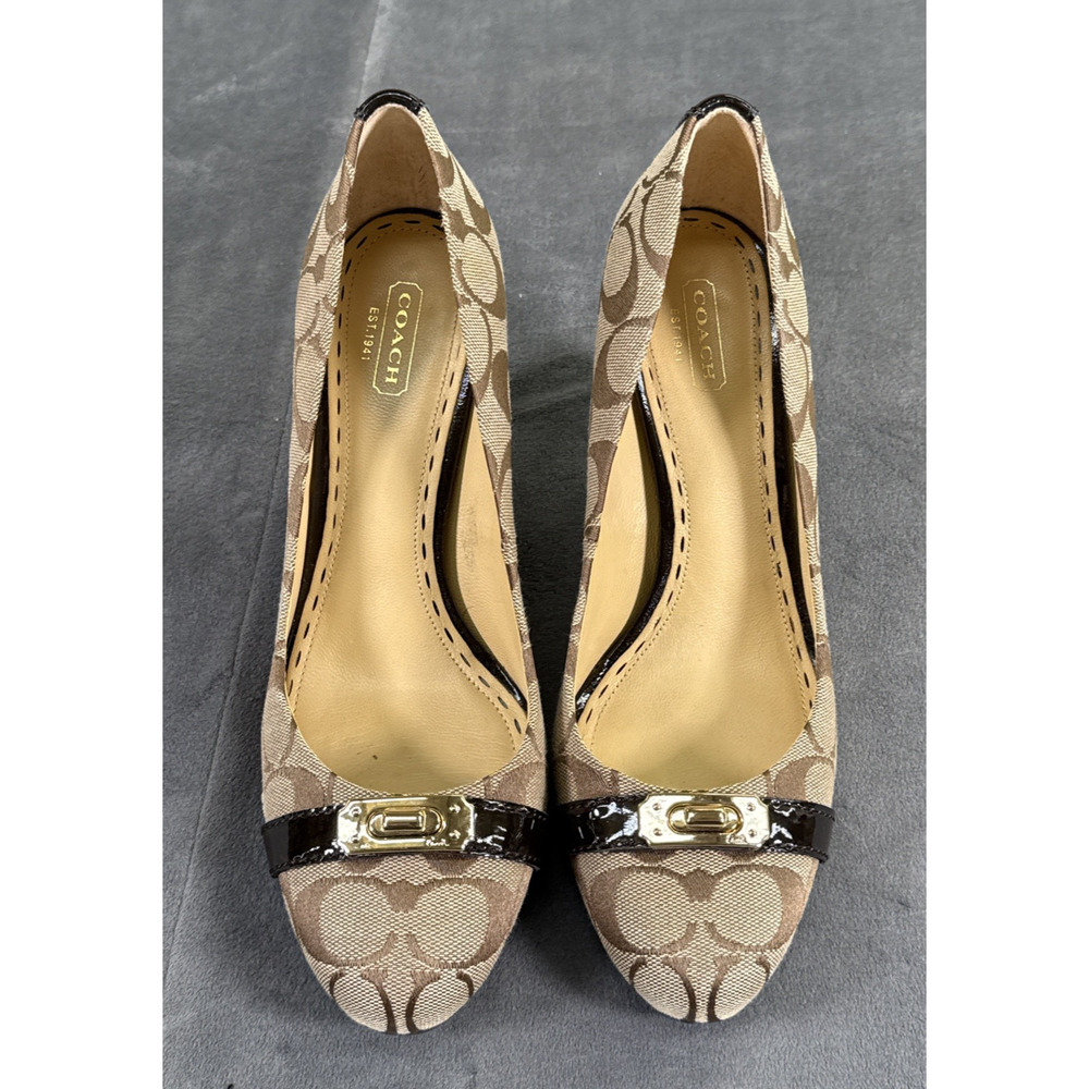 2pr. Coach Wanda Monogram Beige & Black Heel Pumps Women's Size 9B Bnfts Charity - Picture 7 of 16
